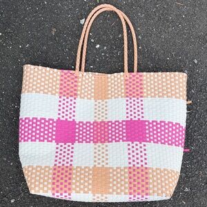Anthropologie plastic Pink and Tan Checkered beach Tote